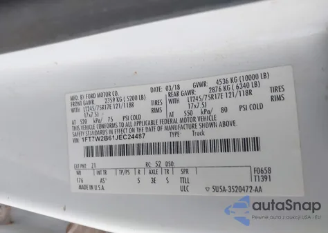 2018 Ford F-250 Xl from USA, damaged, VIN 1FT7W2B61JEC24487